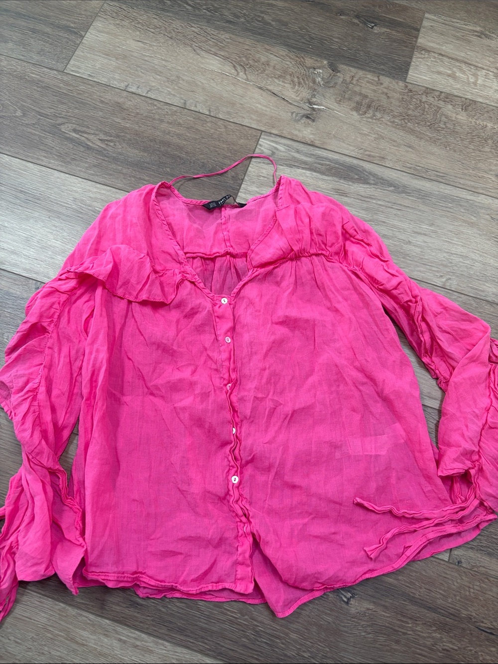 Zara Bright Pink Ruffle Button-Down Blouse Ramie Cotton Lightweight Breezy